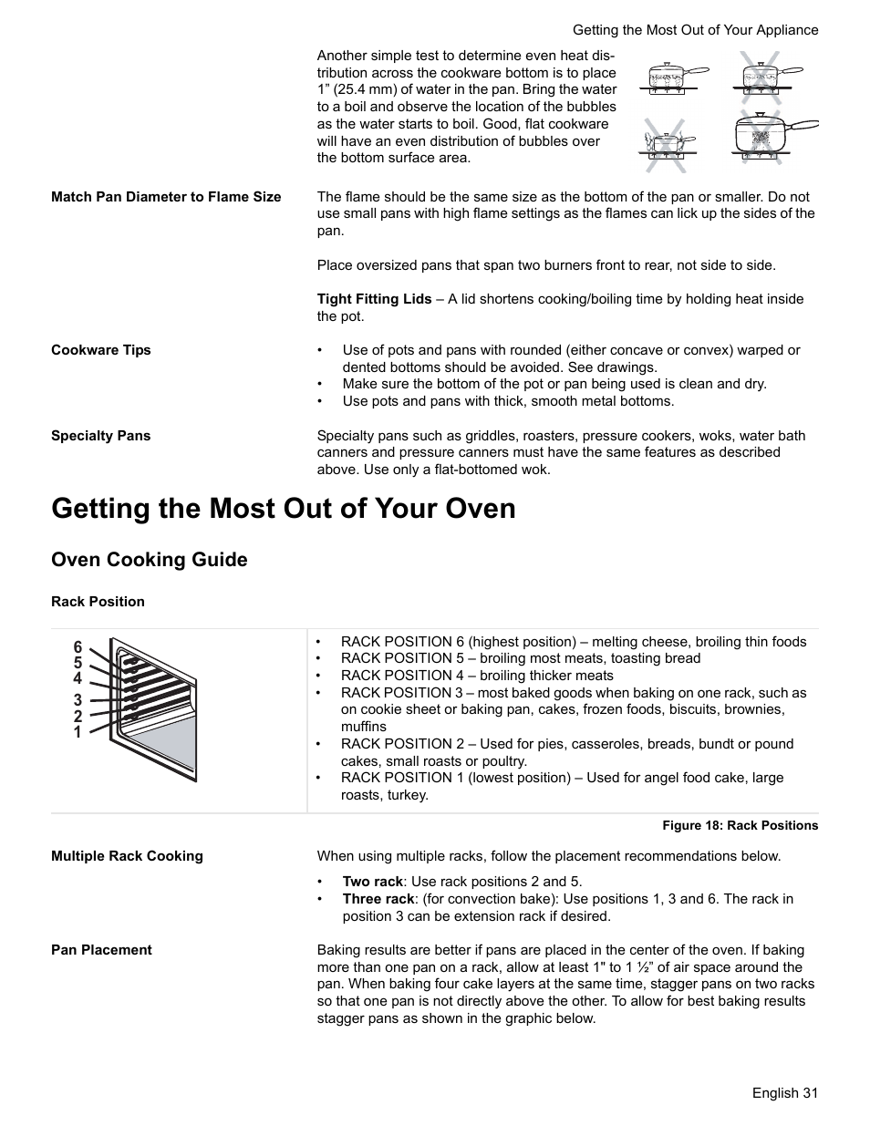 Match pan diameter to flame size, Cookware tips, Specialty pans | Getting the most out of your oven, Oven cooking guide, Rack position, Figure 18: rack positions, Multiple rack cooking, Pan placement | Bosch HDS7052U User Manual | Page 35 / 60