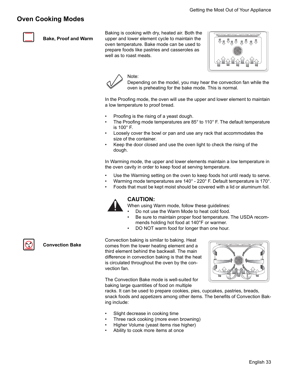 Oven cooking modes, Bake, proof and warm, Convection bake | Bosch HDS7052U User Manual | Page 37 / 60