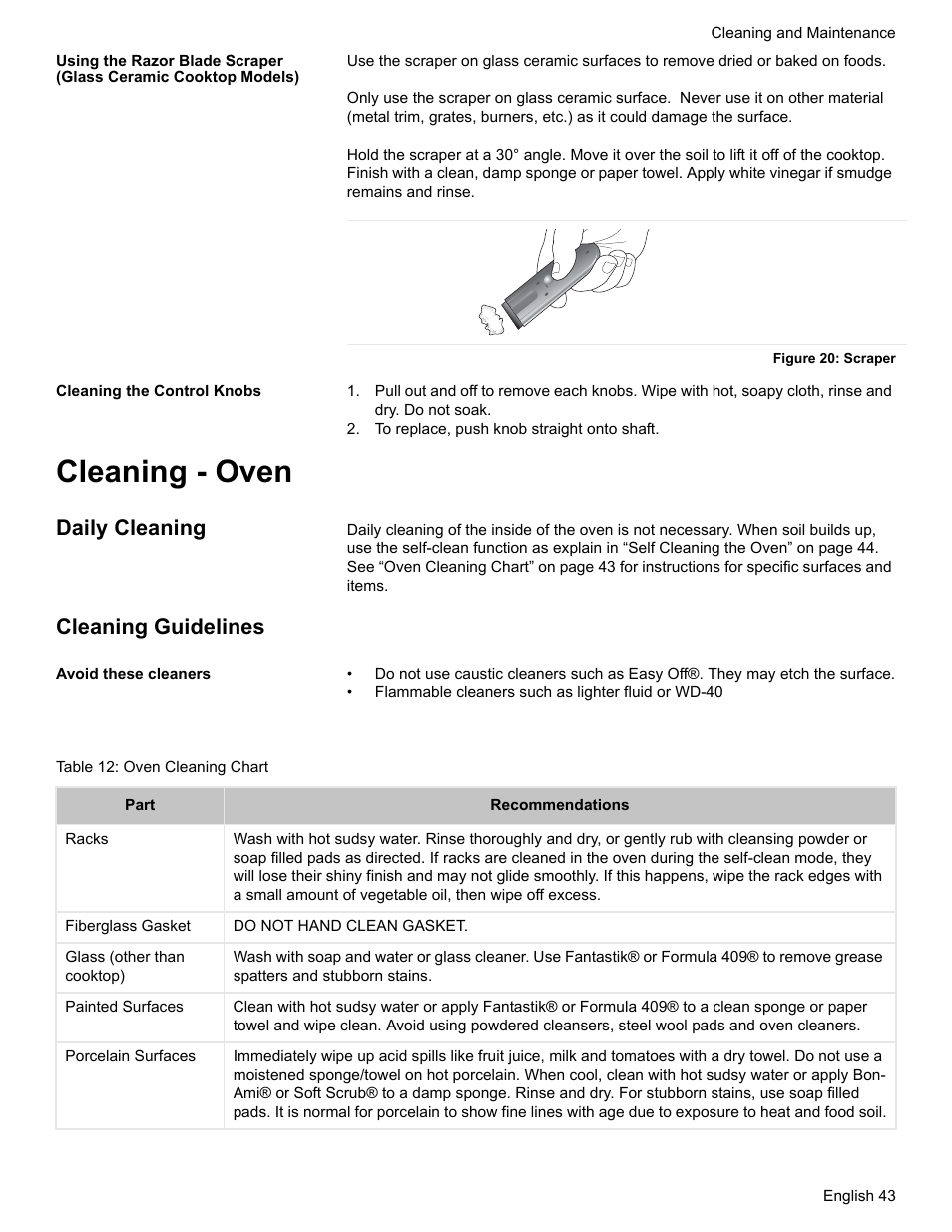 Figure 20: scraper, Cleaning the control knobs, To replace, push knob straight onto shaft | Cleaning - oven, Daily cleaning, Cleaning guidelines, Avoid these cleaners, Table 12: oven cleaning chart | Bosch HDS7052U User Manual | Page 47 / 60