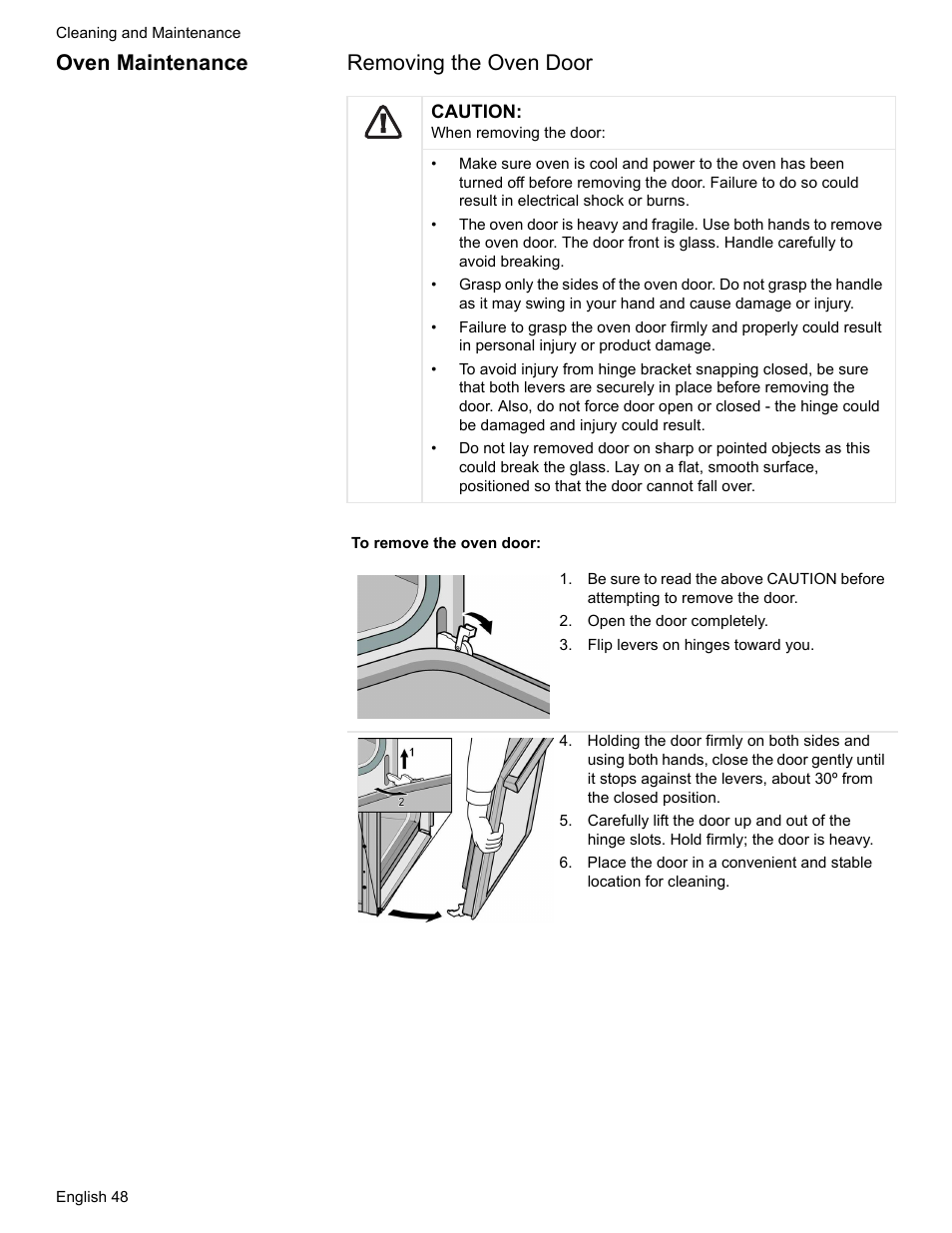 Oven maintenance, Open the door completely, Flip levers on hinges toward you | Oven maintenance removing the oven door | Bosch HDS7052U User Manual | Page 52 / 60