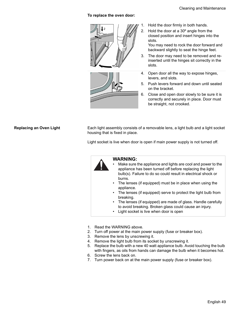 Hold the door firmly in both hands, Replacing an oven light, Read the warning above | Remove the lens by unscrewing it, Screw the lens back on | Bosch HDS7052U User Manual | Page 53 / 60