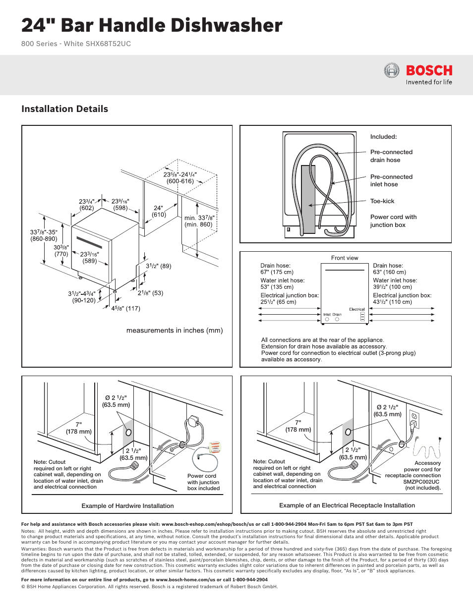 24" bar handle dishwasher, Installation details | Bosch SHX68T52UC User Manual | Page 2 / 3