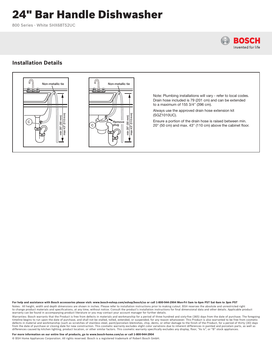 24" bar handle dishwasher, Installation details | Bosch SHX68T52UC User Manual | Page 3 / 3