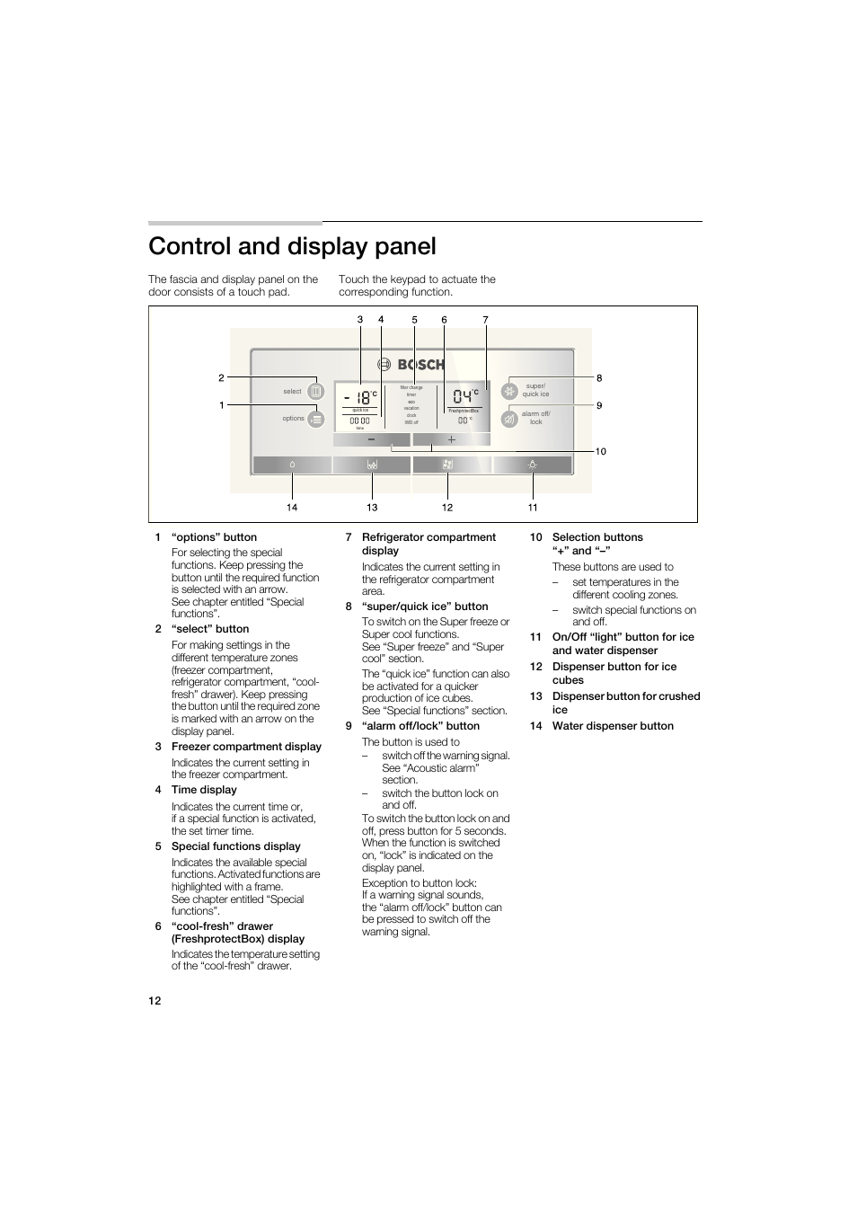 Control and display panel | Bosch B22CS50SNS User Manual | Page 12 / 88