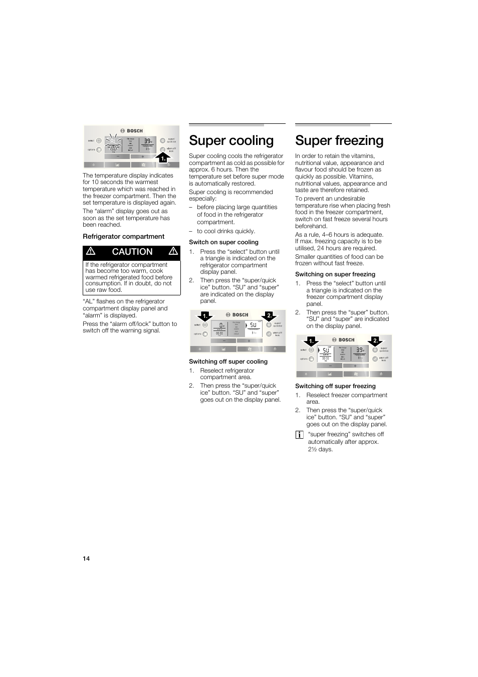 Super cooling super freezing, M caution m | Bosch B22CS50SNS User Manual | Page 14 / 88