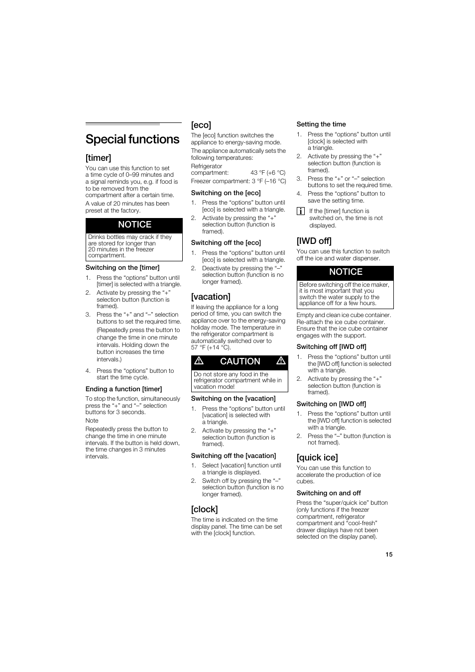Special functions, Timer, Notice | Vacation, M caution m, Clock, Iwd off, Quick ice | Bosch B22CS50SNS User Manual | Page 15 / 88