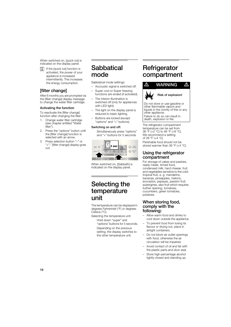 Sabbatical, Mode, Selecting the | Temperature, Unit, Refrigerator, Compartment, Sabbatical mode, Selecting the temperature unit, Refrigerator compartment | Bosch B22CS50SNS User Manual | Page 16 / 88