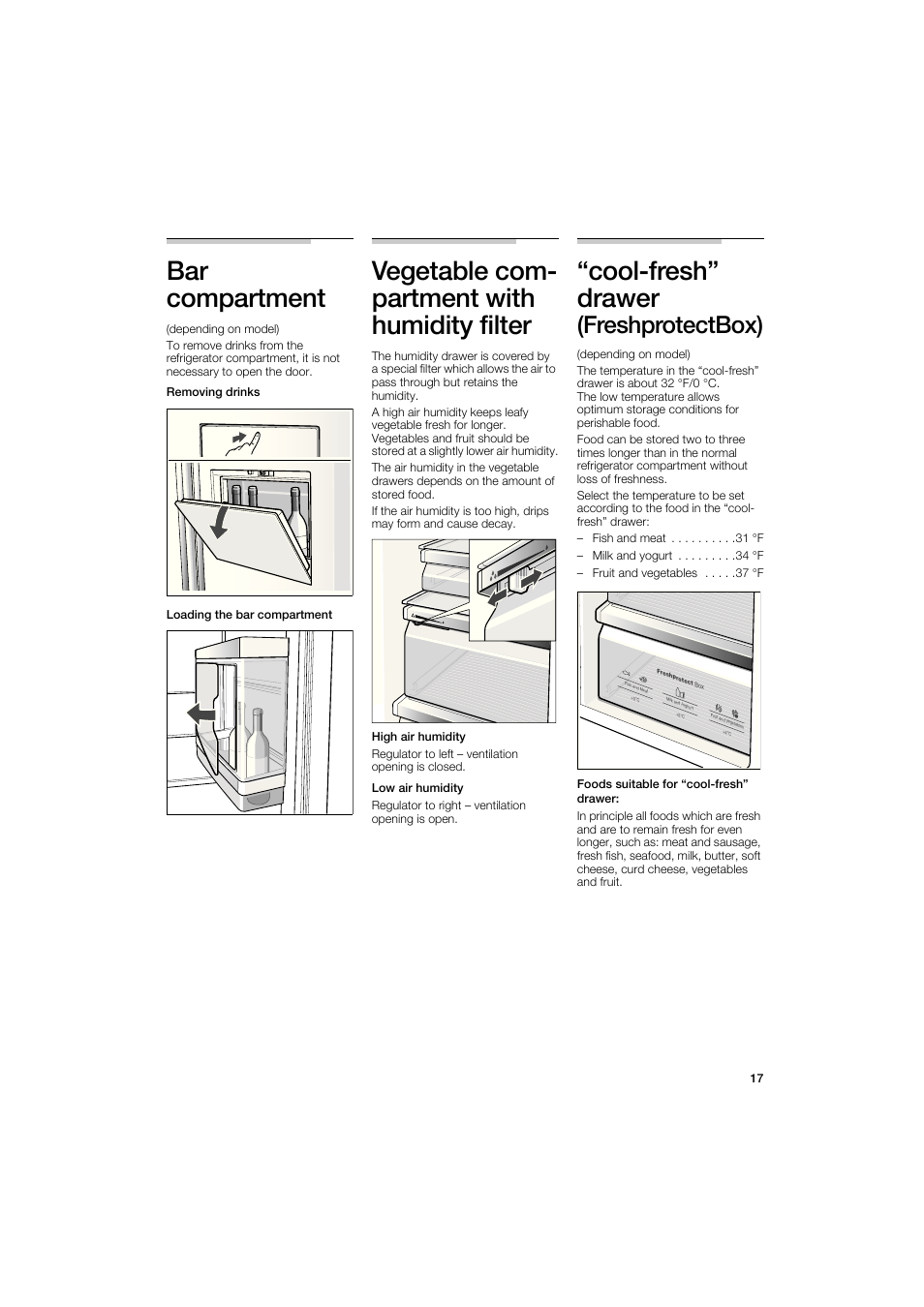 Compartment, Vegetable compartment with humidity filter, Cool-fresh | Drawer, Bar compartment, Vegetable com­ partment with humidity filter, Cool-fresh” drawer, Freshprotectbox) | Bosch B22CS50SNS User Manual | Page 17 / 88