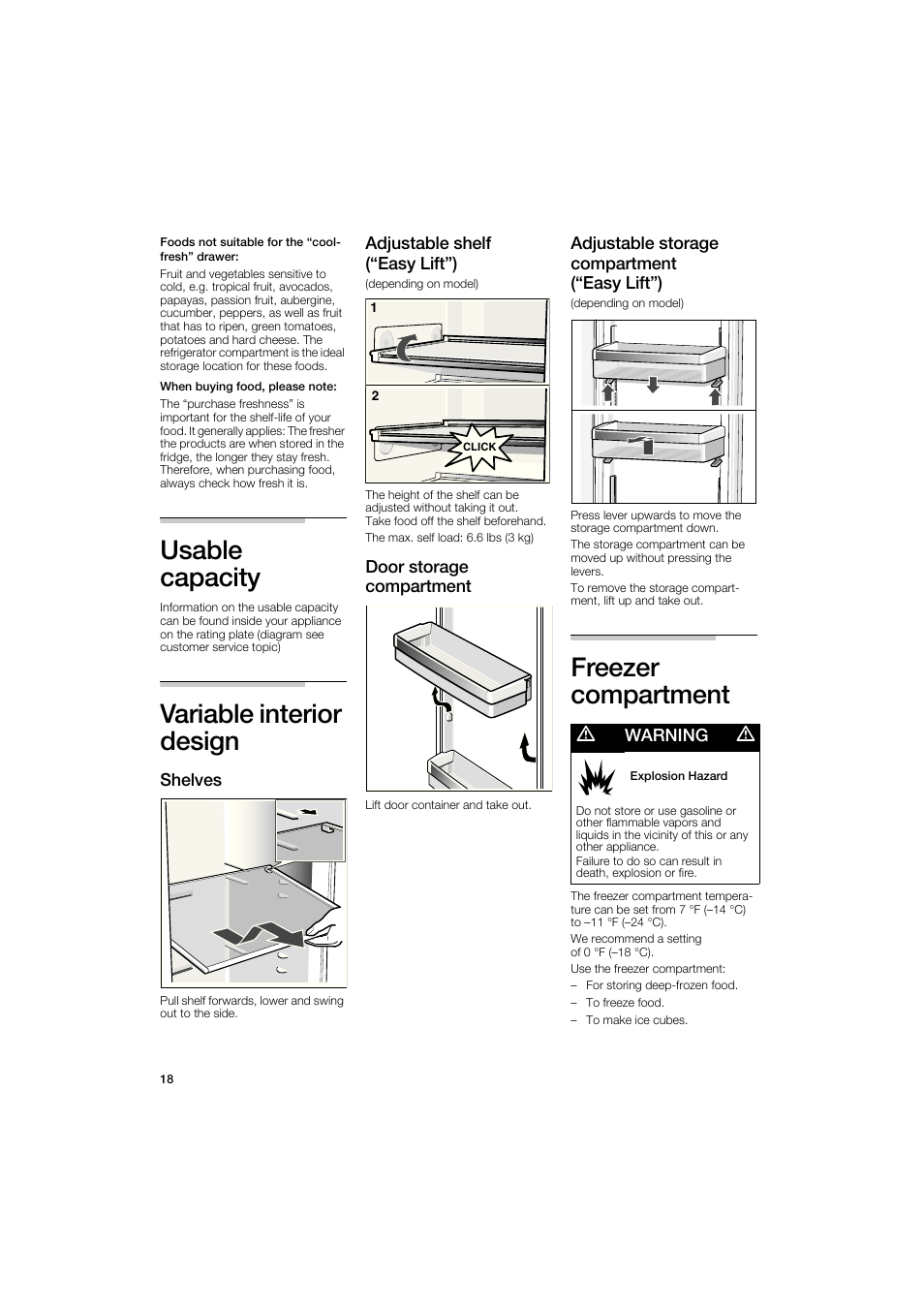 Usable, Capacity, Usable capacity | Variable interior design, Freezer compartment | Bosch B22CS50SNS User Manual | Page 18 / 88