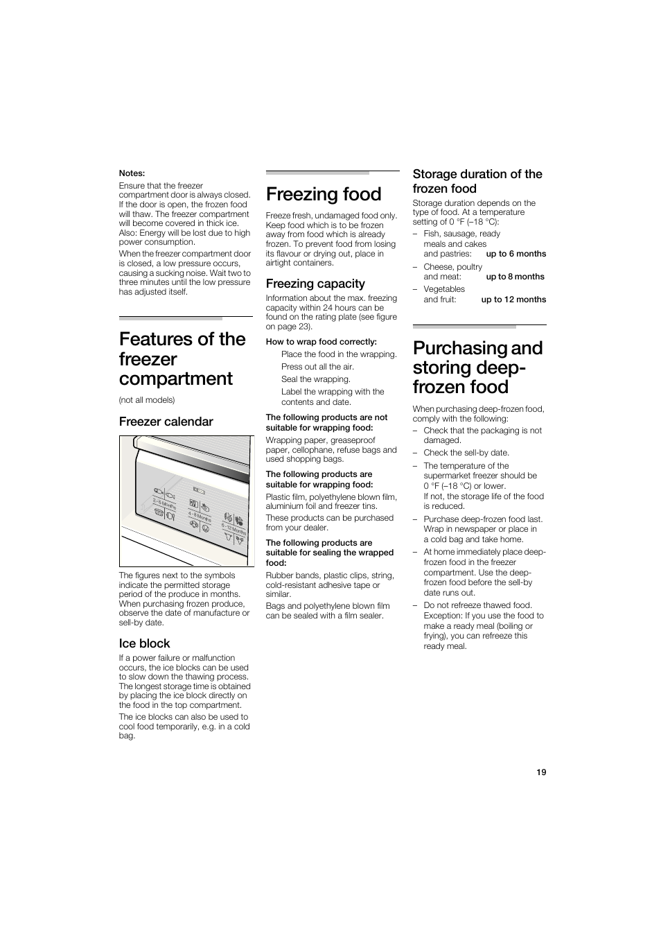 Features of the, Freezer, Compartment | Freezing food, Purchasing and storing deep- frozen food, Purchasing and storing deep-frozen food, Features of the freezer compartment, Freezer calendar, Ice block, Freezing capacity | Bosch B22CS50SNS User Manual | Page 19 / 88