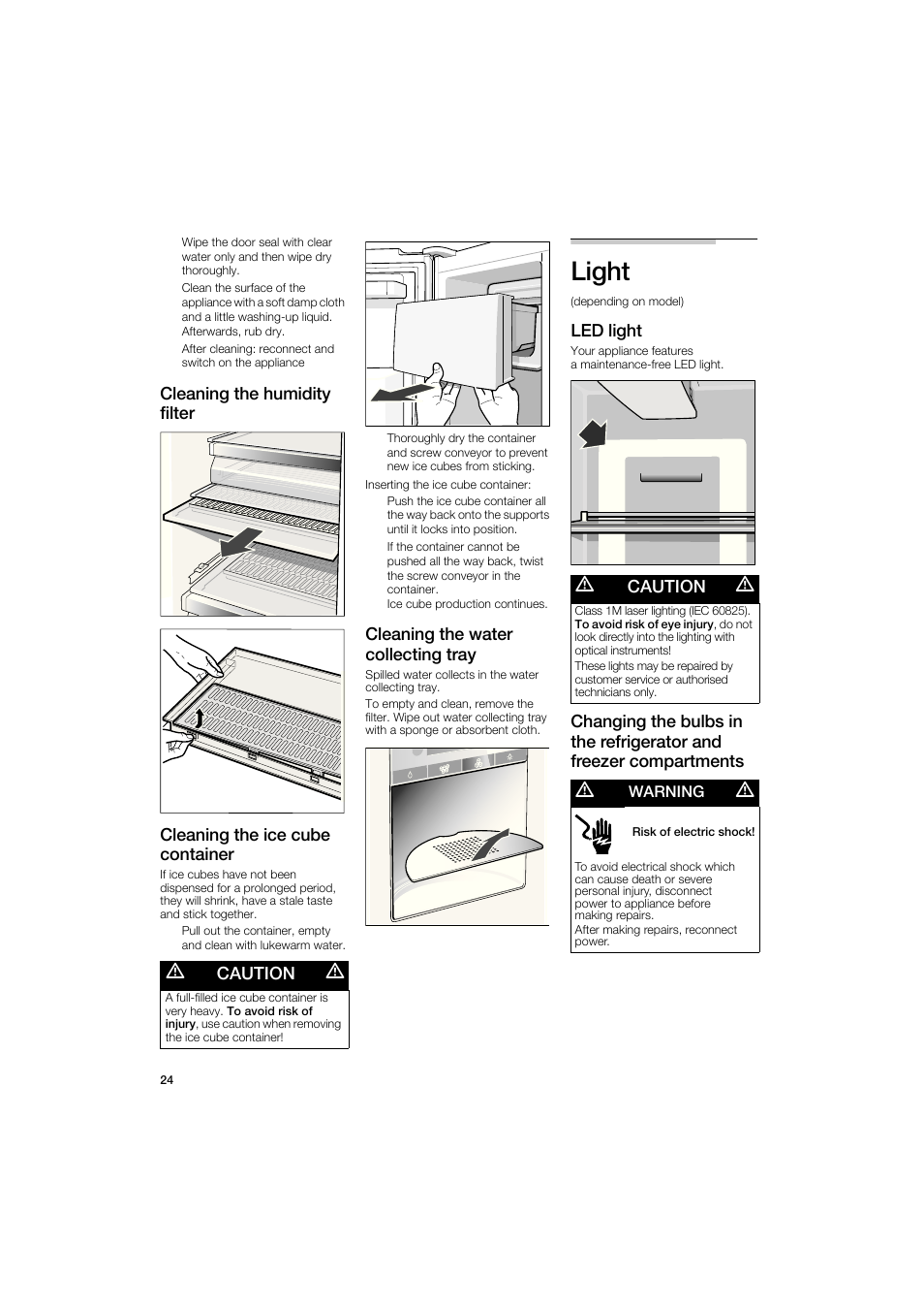 Light, M caution m, Cleaning the water collecting tray | Led light | Bosch B22CS50SNS User Manual | Page 24 / 88