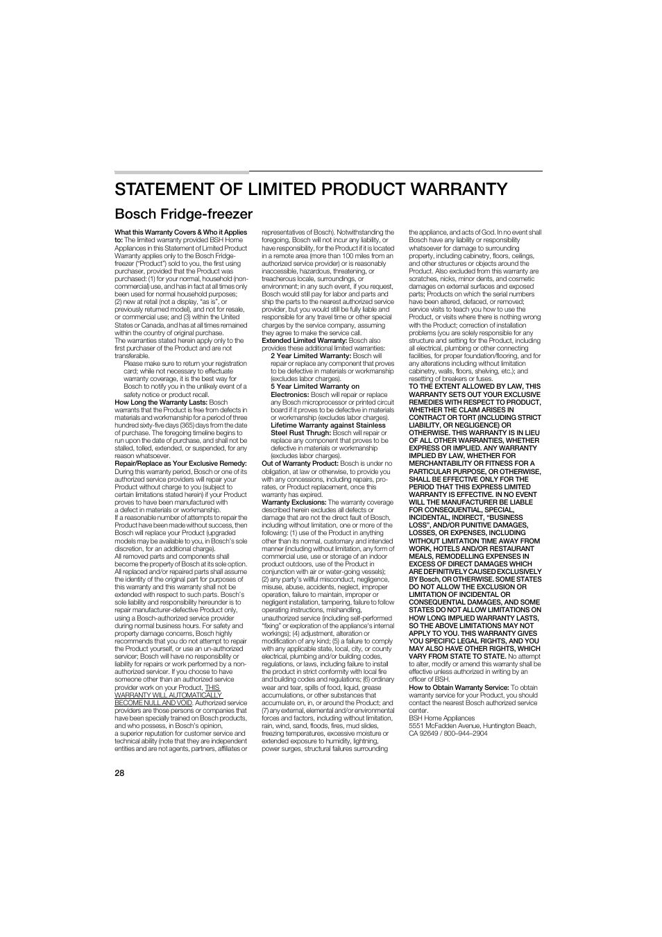 Statement of limited product warranty, Bosch fridge-freezer | Bosch B22CS50SNS User Manual | Page 28 / 88