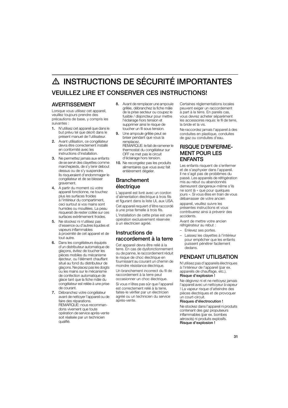 M instructions de securite importantes, Veuillez lire et conserver ces instructions, Avertissement | Branchement électrique, Instructions de raccordement à la terre, Risque d'enferme­ ment pour les enfants, Pendant utilisation | Bosch B22CS50SNS User Manual | Page 31 / 88