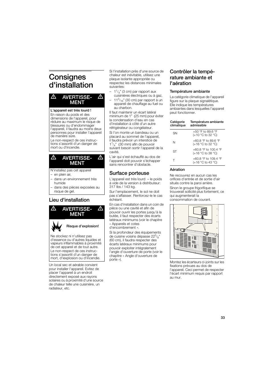 Consignes, D'installation, Lieu d'installation | Consignes d'installation, M avertisse- m ment, Avertisse­ ment, Lieu d'installation avertisse­ ment, Surface porteuse, Contrôler la tempé­ rature ambiante et l'aération | Bosch B22CS50SNS User Manual | Page 33 / 88