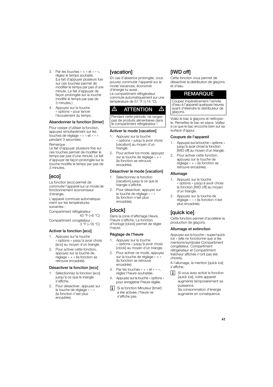 Vacation, M attention m, Clock | Iwd off, Remarque, Quick ice | Bosch B22CS50SNS User Manual | Page 41 / 88