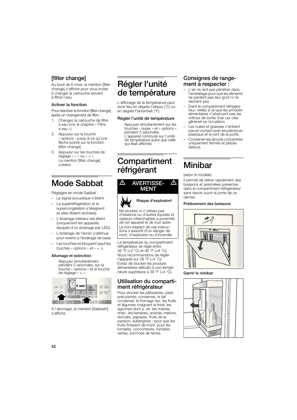 Mode sabbat, Régler l'unité de température, Compartiment | Réfrigérant, Minibar, Compartiment réfrigérant, Filter change, Avertisse­ ment, Utilisation du comparti­ ment réfrigérateur, Consignes de range­ ment à respecter | Bosch B22CS50SNS User Manual | Page 42 / 88