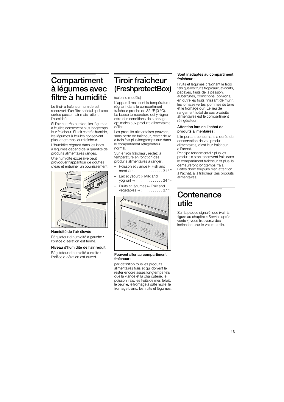 Compartiment à légumes avec filtre à humidité, Tiroir fraîcheur (freshprotectbox), Contenance | Utile, Tiroir fraîcheur (ereshprotectbox), Contenance utile | Bosch B22CS50SNS User Manual | Page 43 / 88