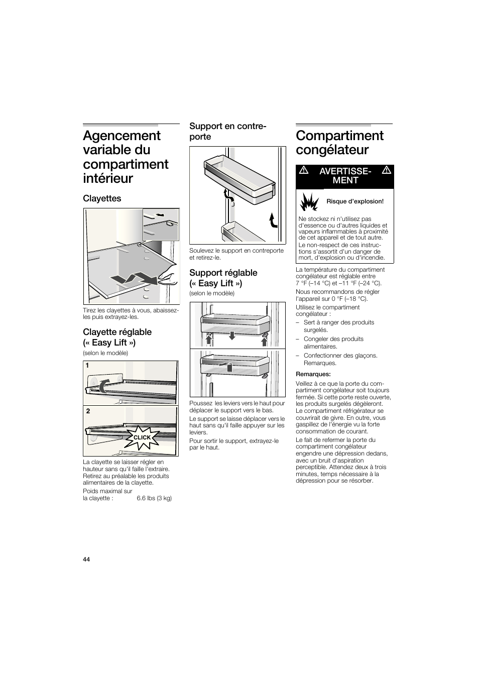 Agencement variable du compartiment intérieur, Compartiment congélateur, Clayettes | Clayette réglable, Easy lift »), Support en contre- porte, Support réglable, M avertisse- m ment | Bosch B22CS50SNS User Manual | Page 44 / 88