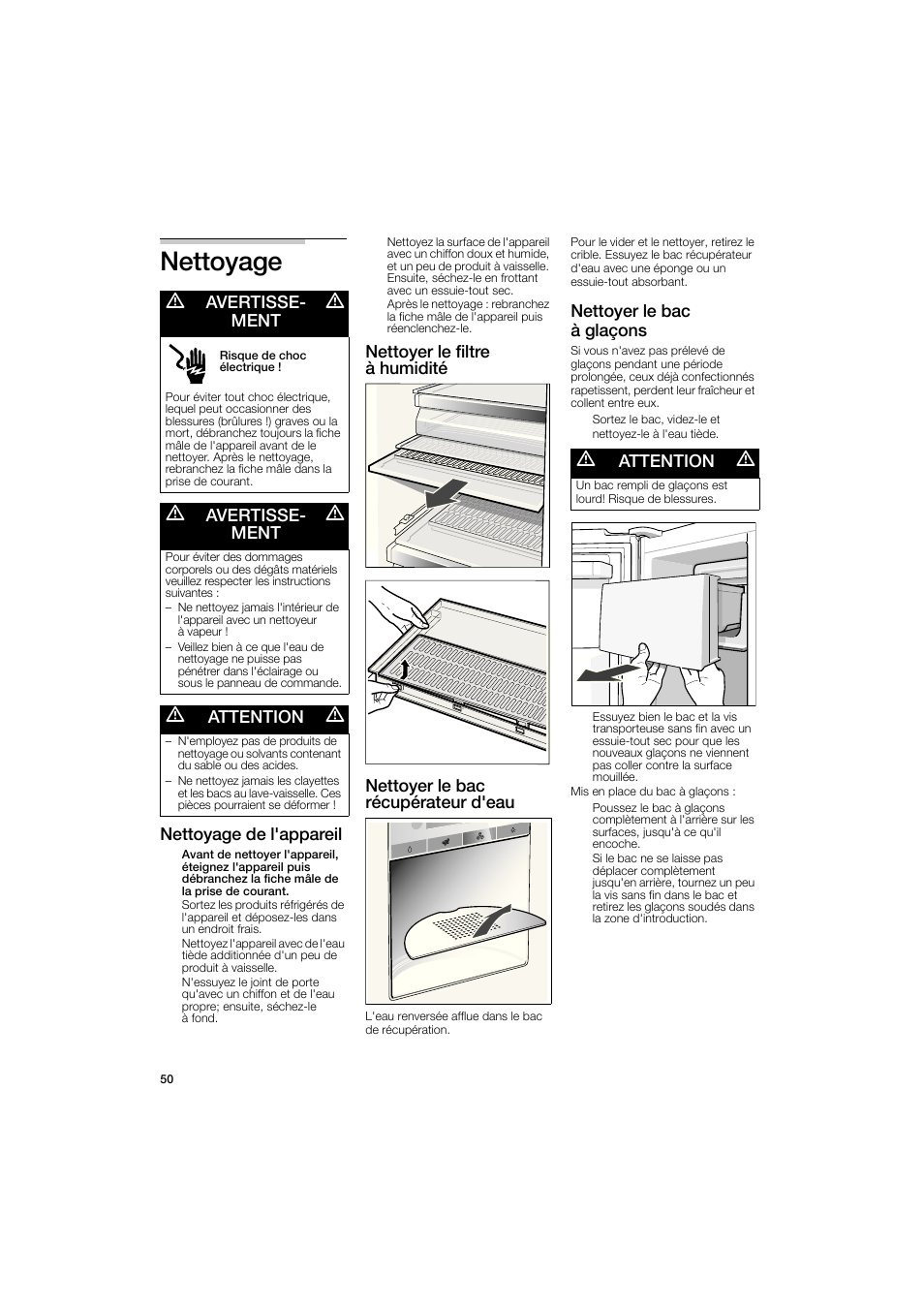 Nettoyage, M avertisse- m ment, M attention m | Nettoyage de l'appareil, Nettoyer le bac à glaçons | Bosch B22CS50SNS User Manual | Page 50 / 88