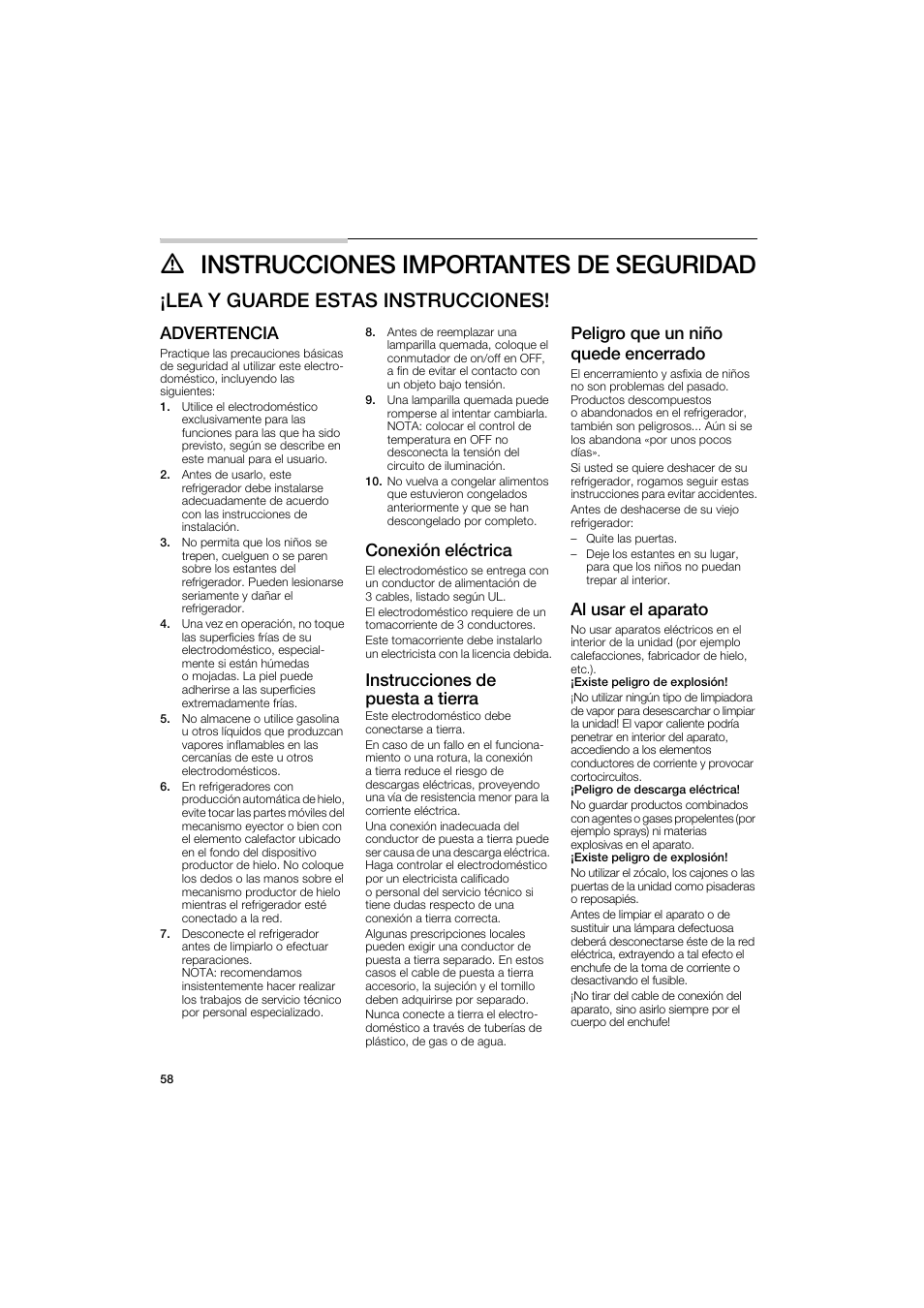 M instrucciones importantes de seguridad, Lea v guarde estas instrucciones, Advertencia | Conexión eléctrica, Instrucciones de puesta a tierra, Peligro que un niño quede encerrado, Al usar el aparato | Bosch B22CS50SNS User Manual | Page 58 / 88