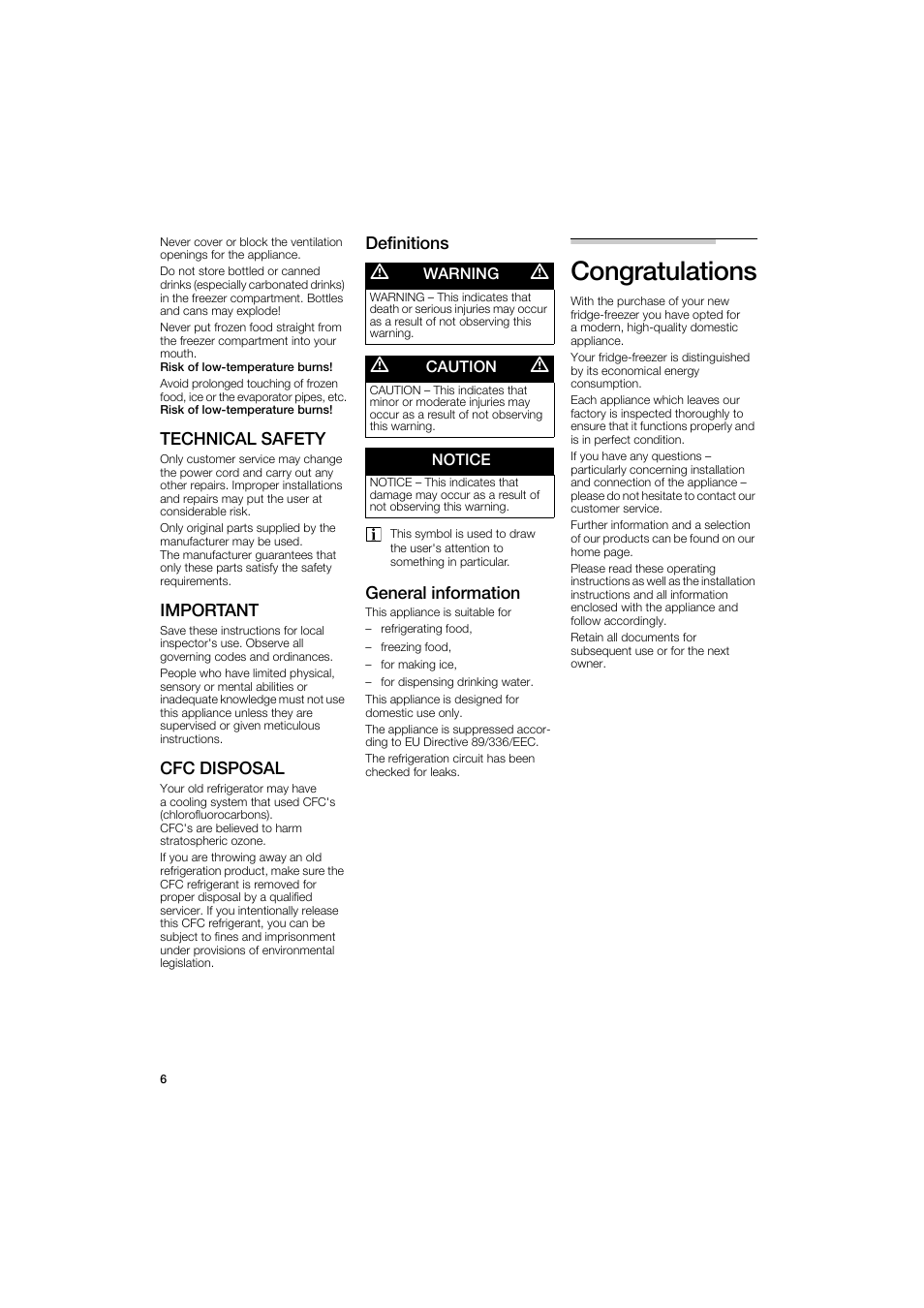 Congratulations, Technical safety, Important | Cfg disposal, Definitions m warning m, M caution m, General information | Bosch B22CS50SNS User Manual | Page 6 / 88