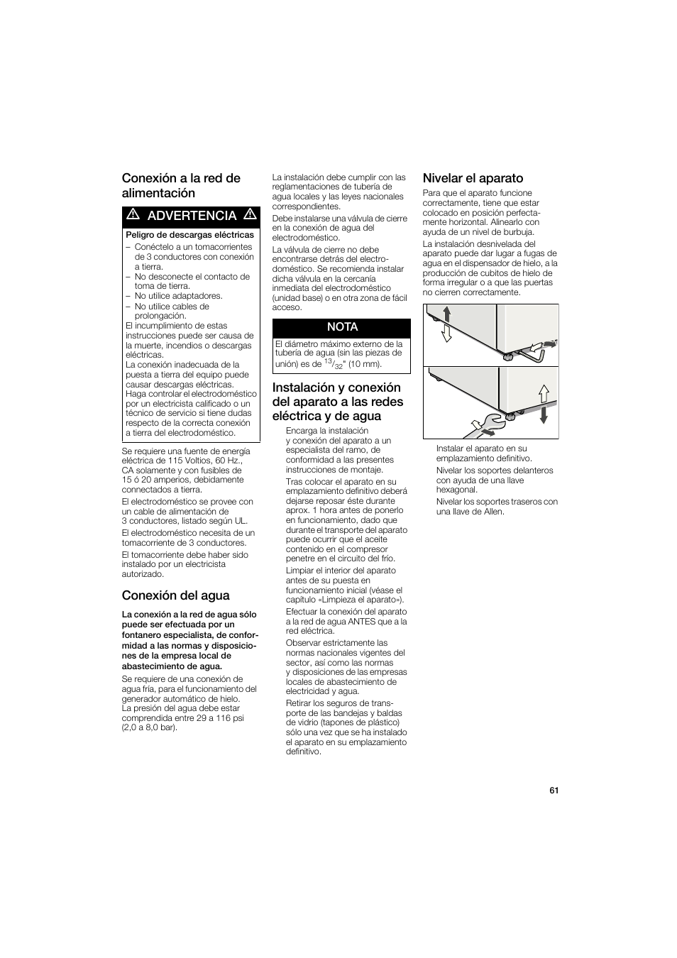 Conexión a la red de alimentación m advertencia a, Conexión del agua, Nota | Nivelar el aparato | Bosch B22CS50SNS User Manual | Page 61 / 88