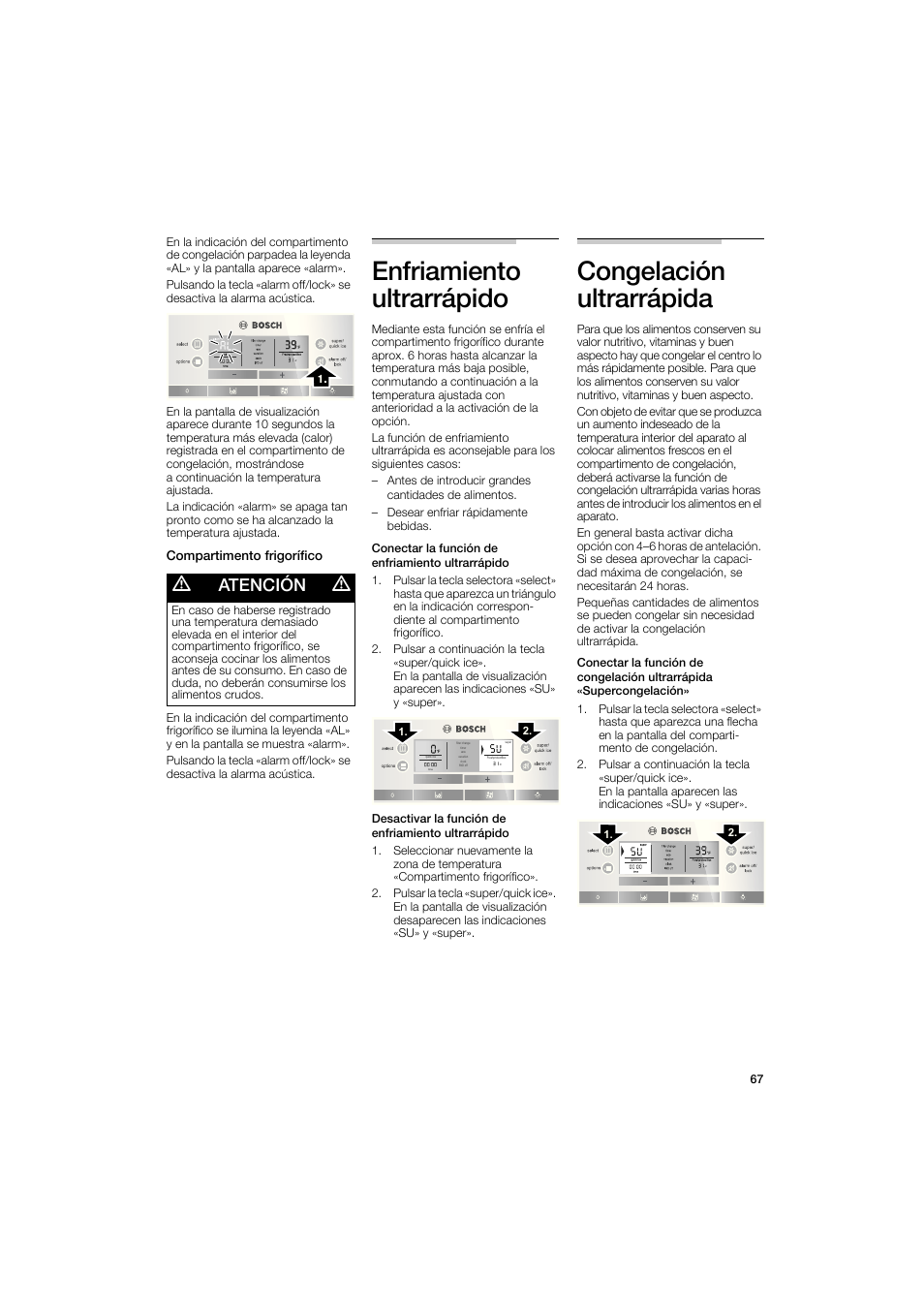 Enfriamiento, Ultrarrápido, Congelación | Ultrarrápida, Enfriamiento ultrarrápido, Congelación ultrarrápida, M atención m, I i i | Bosch B22CS50SNS User Manual | Page 67 / 88