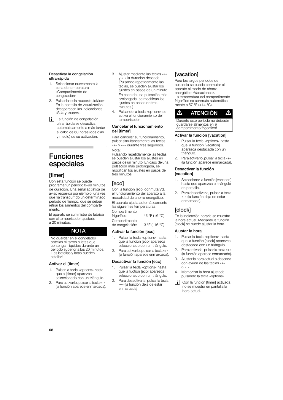 Funciones especiales, Timer, Nota | Vacation, Atencion, Dock | Bosch B22CS50SNS User Manual | Page 68 / 88