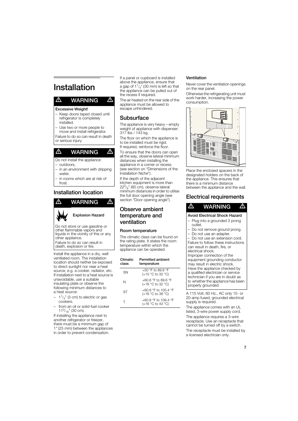 Installation, M warning m, Installation location m warning m | Subsurface, Observe ambient temperature and ventilation, Electrical requirements m warning m | Bosch B22CS50SNS User Manual | Page 7 / 88