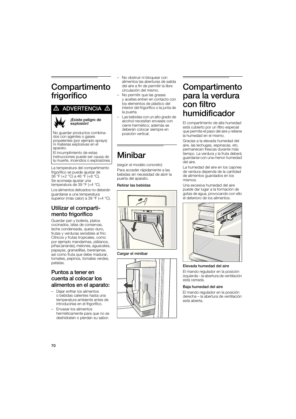 Compartimento frigorífico, Minibar, M advertencia a | Utilizar el comparti­ mento frigorífico | Bosch B22CS50SNS User Manual | Page 70 / 88