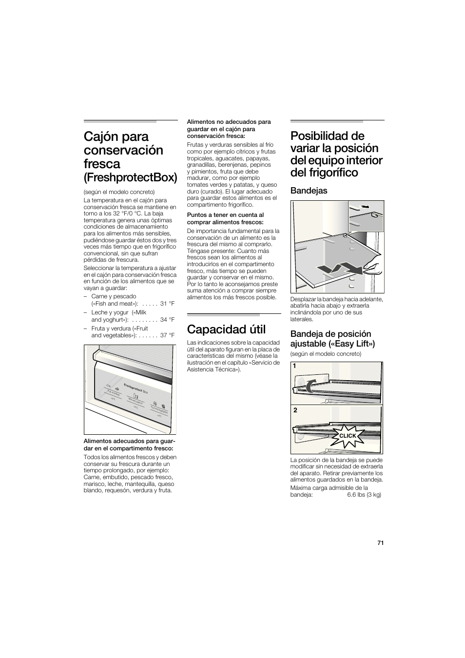 Cajón para, Conservación, Fresca | Cajón para conservación fresca, Freshprotectbox), Capacidad útil, Bandejas, Bandeja de posición ajustable («easy lift») | Bosch B22CS50SNS User Manual | Page 71 / 88