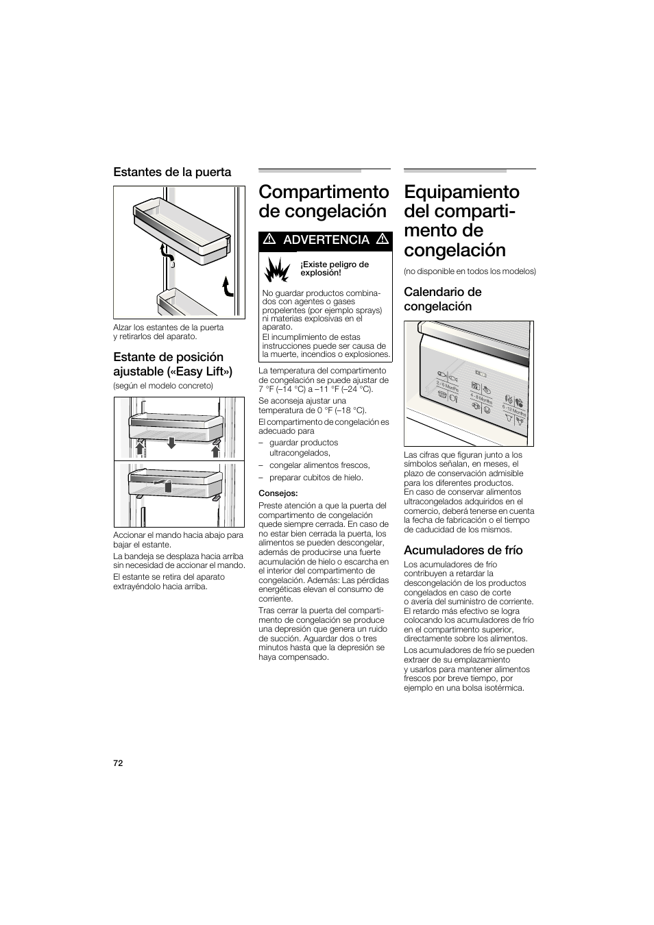 Compartimento de congelación, Equipamiento del comparti­ mento de congelación, Estantes de la puerta | Estante de posición ajustable («easy lift»), A advertencia a, Calendario de congelación, Acumuladores de frío | Bosch B22CS50SNS User Manual | Page 72 / 88