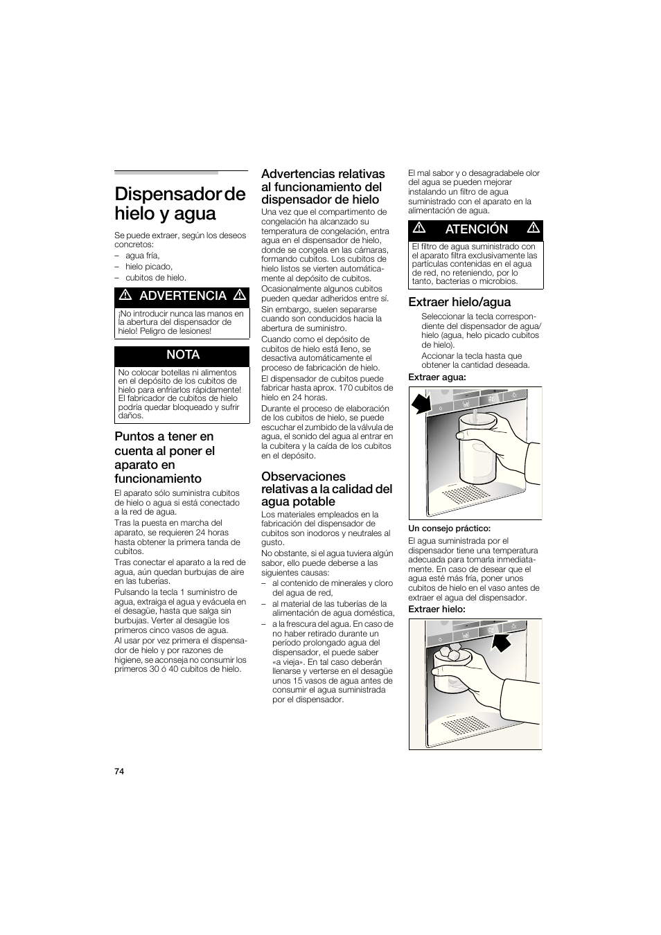 Dispensador de hielo y agua, M advertencia a, Nota | A atención a, Extraer hielo/agua | Bosch B22CS50SNS User Manual | Page 74 / 88