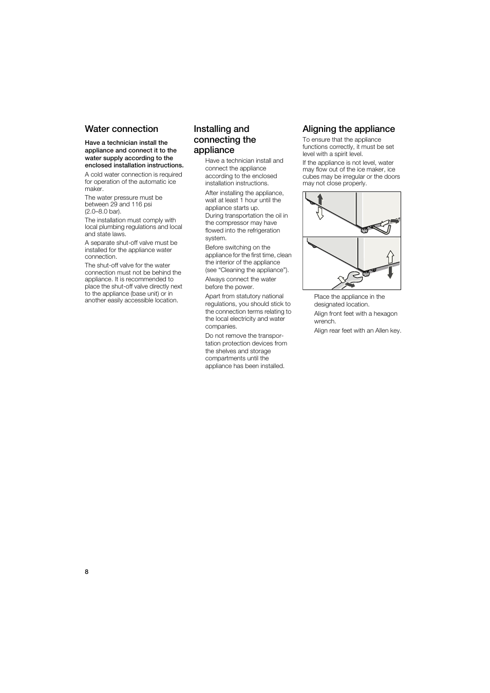 Water connection, Installing and connecting the appliance, Aligning the appliance | Bosch B22CS50SNS User Manual | Page 8 / 88