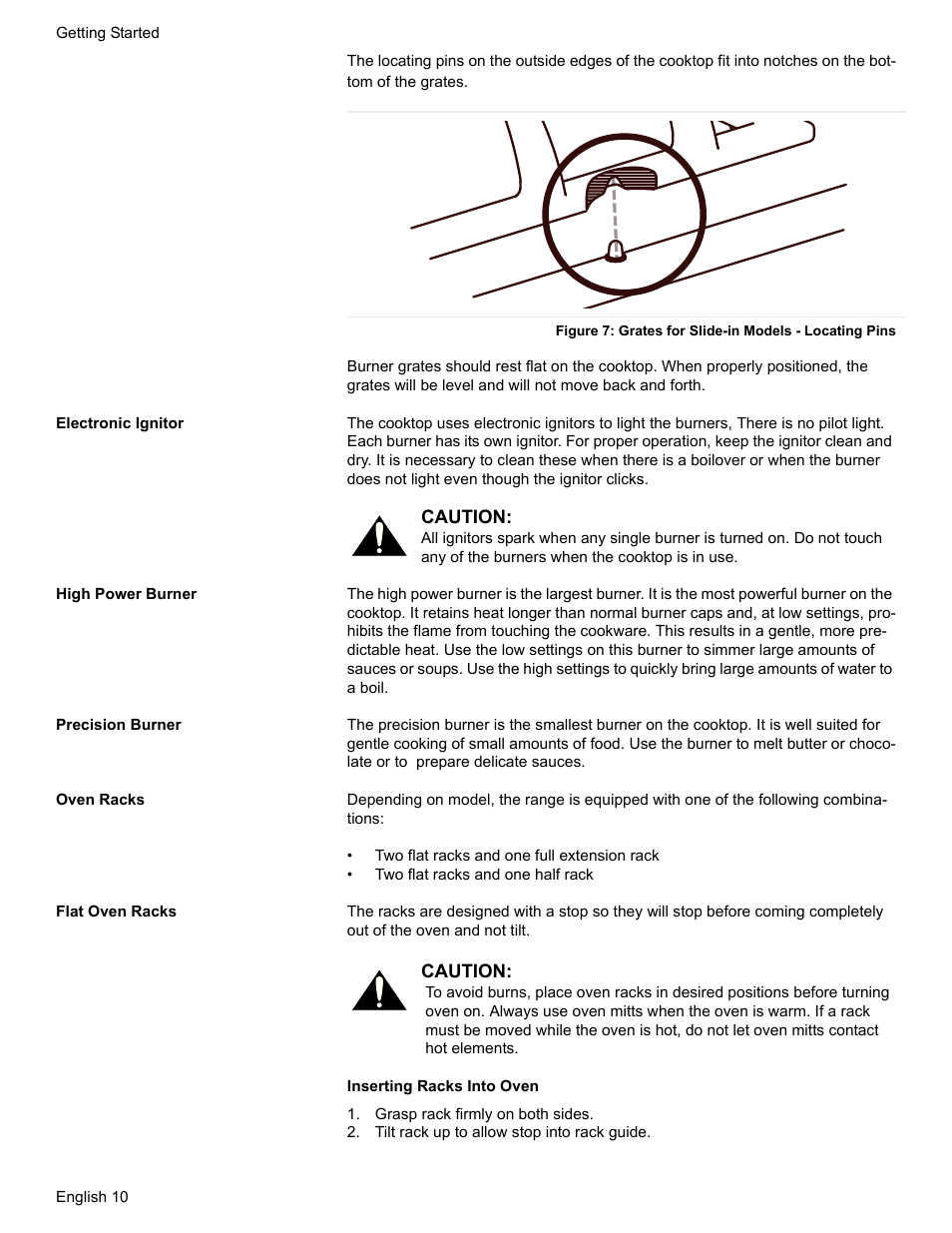 Electronic ignitor, High power burner, Precision burner | Oven racks, Flat oven racks, Grasp rack firmly on both sides, Tilt rack up to allow stop into rack guide | Bosch HDI7282U User Manual | Page 12 / 56