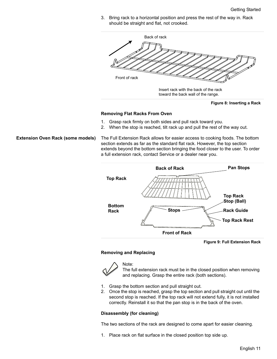 Figure 8: inserting a rack, Extension oven rack (some models), Figure 9: full extension rack | Grasp the bottom section and pull straight out | Bosch HDI7282U User Manual | Page 13 / 56