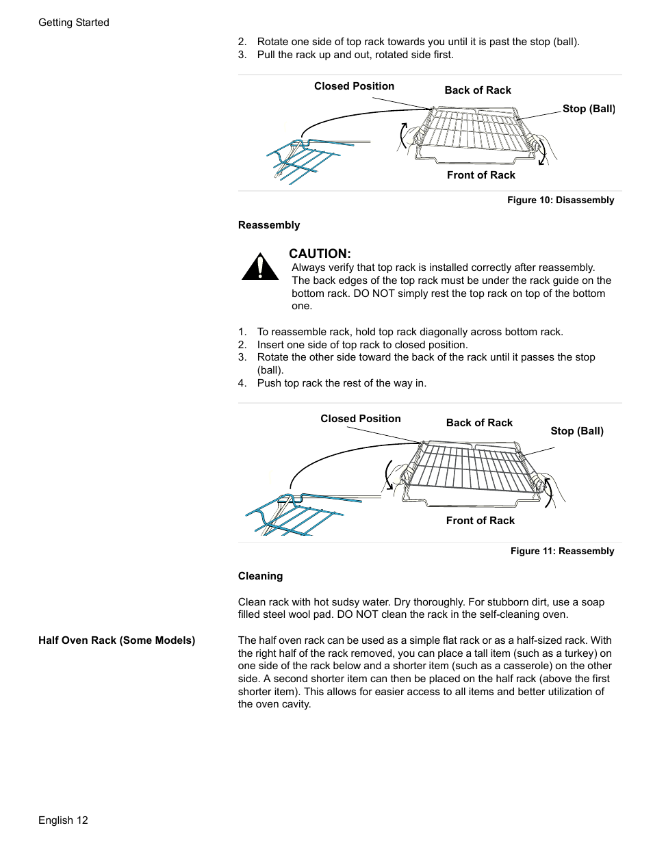 Pull the rack up and out, rotated side first, Figure 10: disassembly, Insert one side of top rack to closed position | Push top rack the rest of the way in, Figure 11: reassembly, Half oven rack (some models) | Bosch HDI7282U User Manual | Page 14 / 56