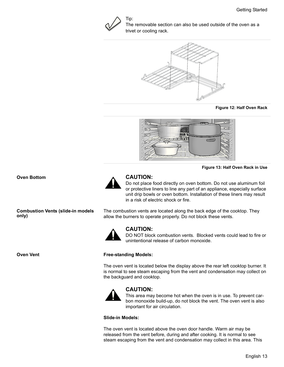 Figure 12: half oven rack, Figure 13: half oven rack in use, Oven bottom | Combustion vents (slide-in models only), Oven vent | Bosch HDI7282U User Manual | Page 15 / 56