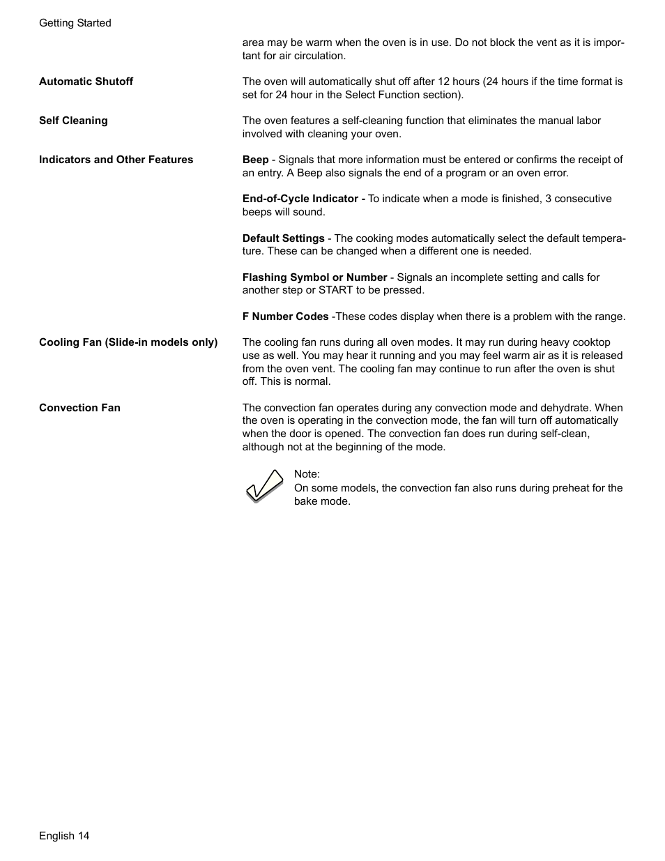 Automatic shutoff, Self cleaning, Indicators and other features | Cooling fan (slide-in models only), Convection fan | Bosch HDI7282U User Manual | Page 16 / 56