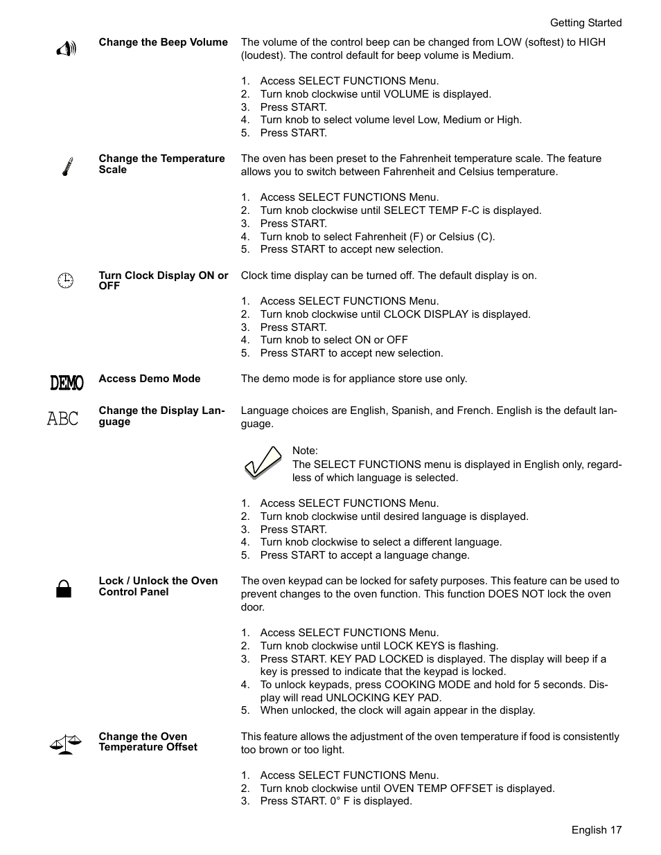 Change the beep volume, Access select functions menu, Turn knob clockwise until volume is displayed | Press start, Change the temperature scale, Turn knob to select fahrenheit (f) or celsius (c), Press start to accept new selection, Turn clock display on or off, Turn knob to select on or off, Access demo mode | Bosch HDI7282U User Manual | Page 19 / 56