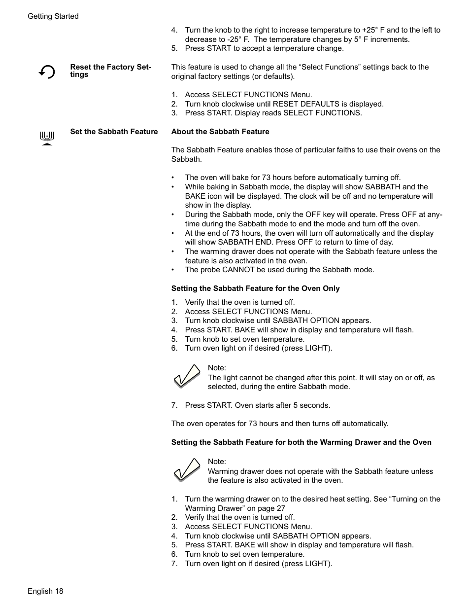 Press start to accept a temperature change, Reset the factory settings, Access select functions menu | Press start. display reads select functions, Set the sabbath feature, Verify that the oven is turned off, Turn knob clockwise until sabbath option appears, Turn knob to set oven temperature, Turn oven light on if desired (press light), Press start. oven starts after 5 seconds | Bosch HDI7282U User Manual | Page 20 / 56