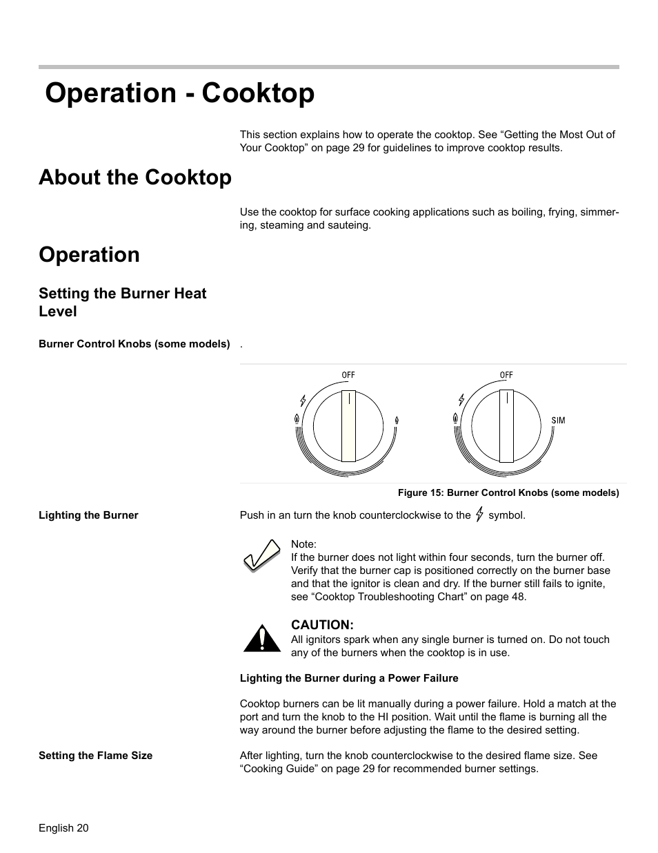 Operation - cooktop, About the cooktop, Operation | Setting the burner heat level, Burner control knobs (some models), Figure 15: burner control knobs (some models), Lighting the burner, Setting the flame size | Bosch HDI7282U User Manual | Page 22 / 56