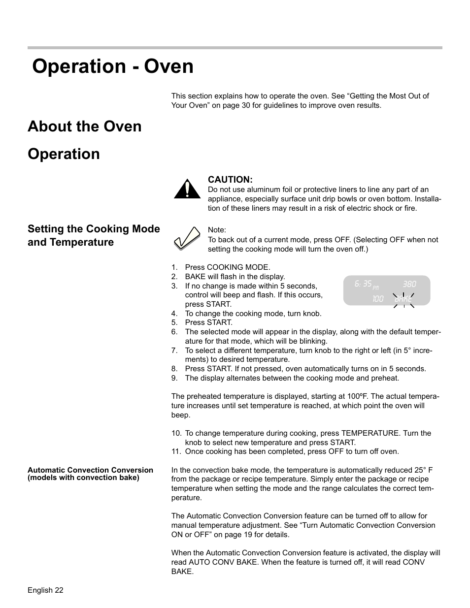 Operation - oven, About the oven, Operation | Setting the cooking mode and temperature, Press cooking mode, Bake will flash in the display, Bake, To change the cooking mode, turn knob, Press start, About the oven operation | Bosch HDI7282U User Manual | Page 24 / 56