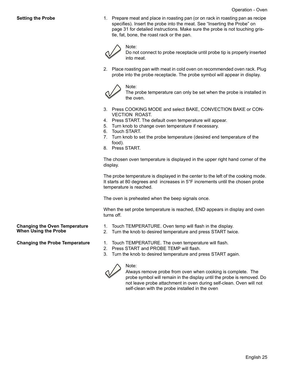 Setting the probe, Turn knob to change oven temperature if necessary, Touch start | Press start, Changing the oven temperature when using the probe, Changing the probe temperature, Touch temperature. the oven temperature will flash, Press start and probe temp will flash | Bosch HDI7282U User Manual | Page 27 / 56