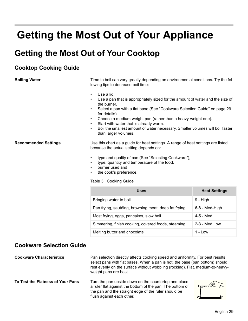 Getting the most out of your appliance, Getting the most out of your cooktop, Cooktop cooking guide | Boiling water, Recommended settings, Table 3: cooking guide, Cookware selection guide, Cookware characteristics, To test the flatness of your pans | Bosch HDI7282U User Manual | Page 31 / 56