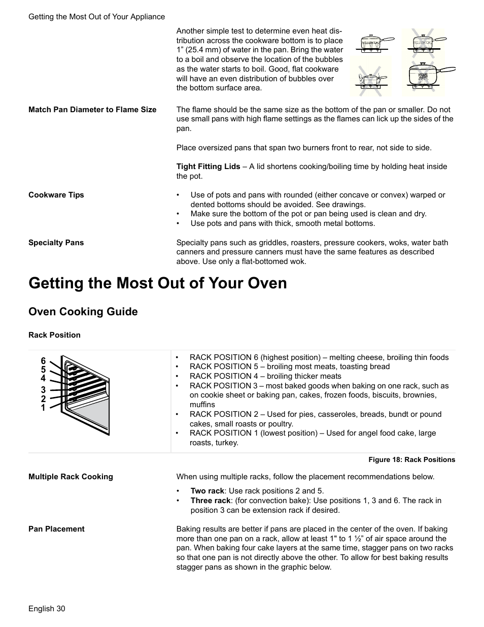 Match pan diameter to flame size, Cookware tips, Specialty pans | Getting the most out of your oven, Oven cooking guide, Rack position, Figure 18: rack positions, Multiple rack cooking, Pan placement | Bosch HDI7282U User Manual | Page 32 / 56