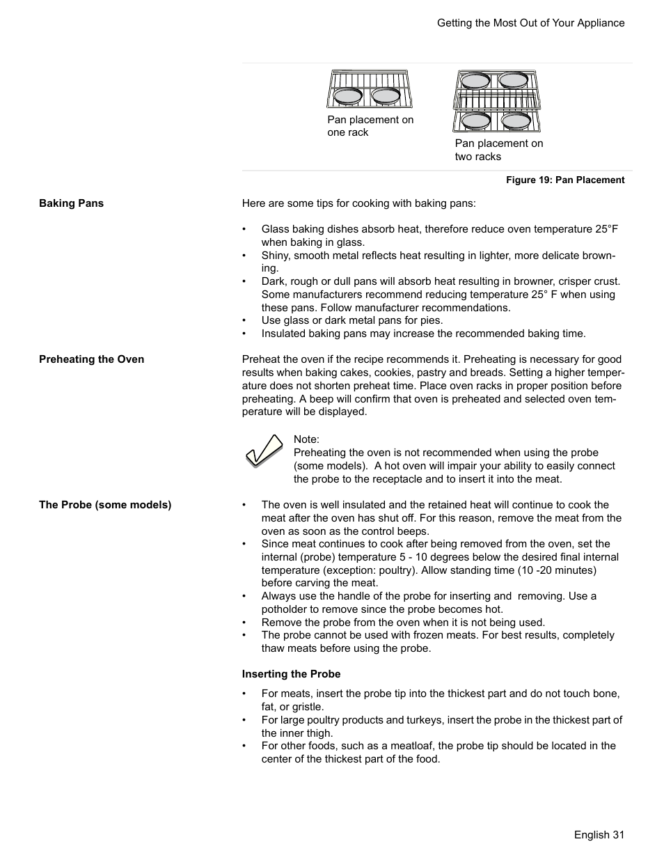 Figure 19: pan placement, Baking pans, Preheating the oven | The probe (some models) | Bosch HDI7282U User Manual | Page 33 / 56