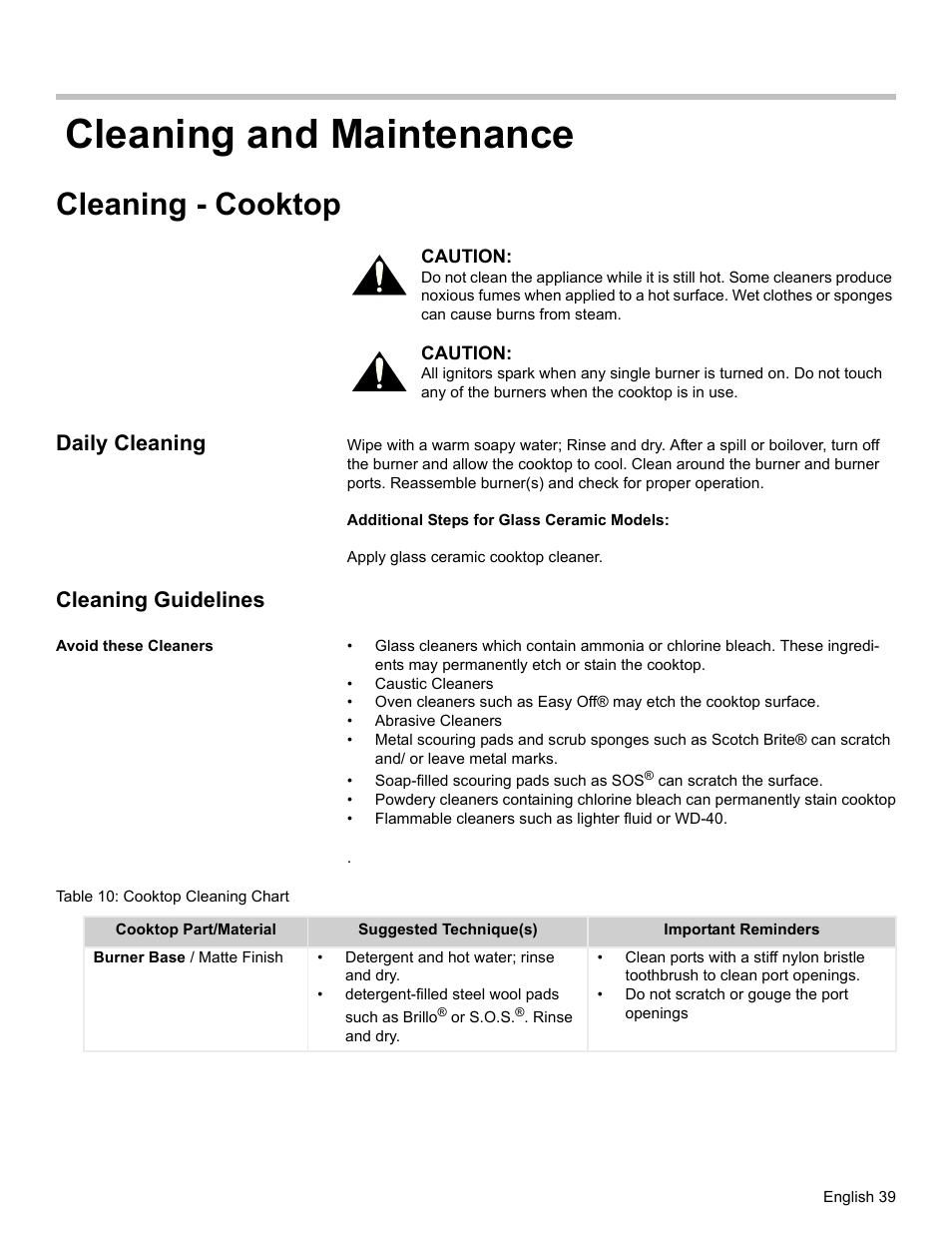 Cleaning and maintenance, Cleaning - cooktop, Daily cleaning | Cleaning guidelines, Avoid these cleaners, Table 10: cooktop cleaning chart | Bosch HDI7282U User Manual | Page 41 / 56