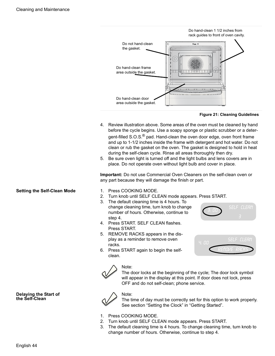 Figure 21: cleaning guidelines, Setting the self-clean mode, Press cooking mode | Press start. self clean flashes. press start, Remove racks, Press start again to begin the self- clean, Delaying the start of the self-clean | Bosch HDI7282U User Manual | Page 46 / 56