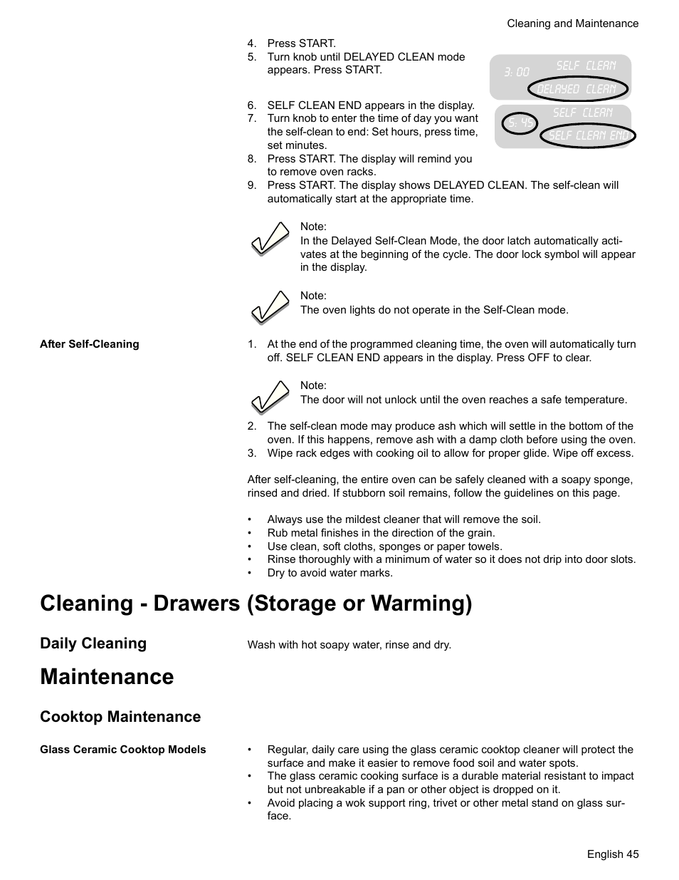 Press start, Self clean end appears in the display, After self-cleaning | Cleaning - drawers (storage or warming), Daily cleaning, Maintenance, Cooktop maintenance, Glass ceramic cooktop models | Bosch HDI7282U User Manual | Page 47 / 56